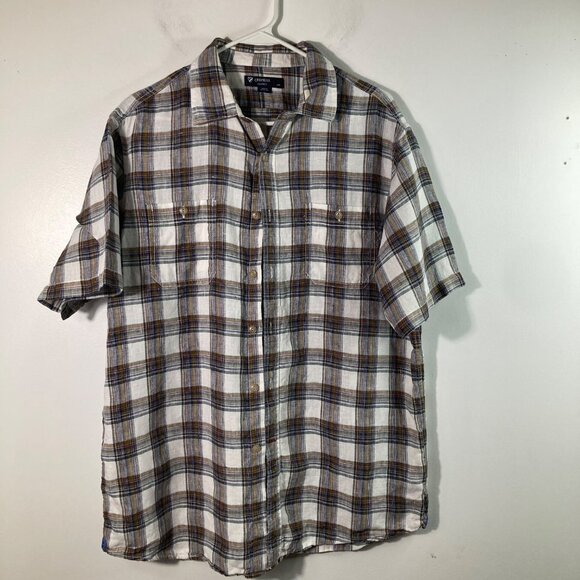 Mens Cremieux Classics Short Sleeve Linen Button Plaid Shirt L Brown White - Picture 1 of 9